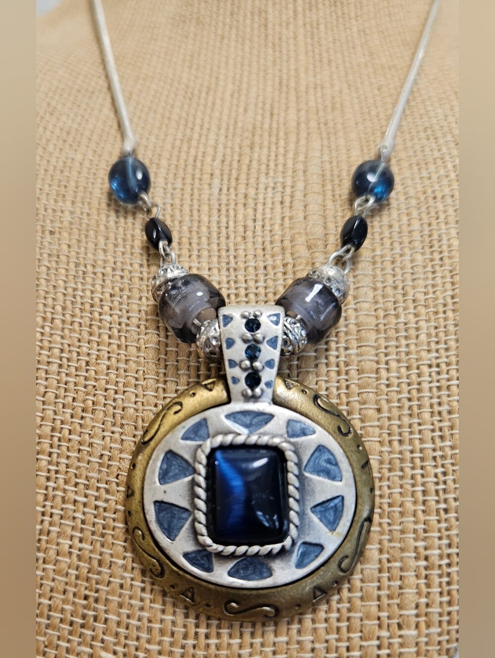 VINTAGE KC MARKED  MOSAIC BLUE BRASS SILVER TONE MEDALLION WITH CHAIN NECKLACE